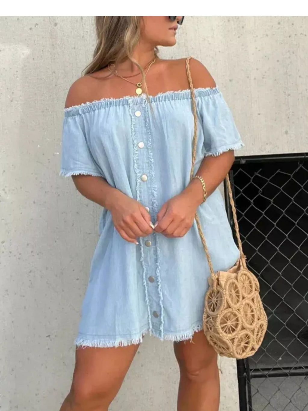 Full Size Off-Shoulder Button-Down Frayed Denim Dress Plus Size Black / XL