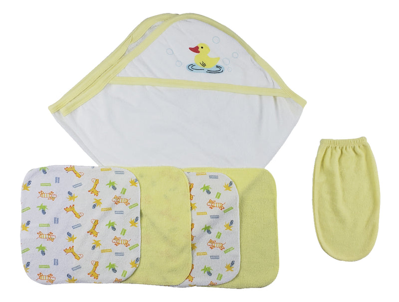 Yellow Hooded Towel, Washcloths and Hand Washcloth Mitt - 6 Pc Set