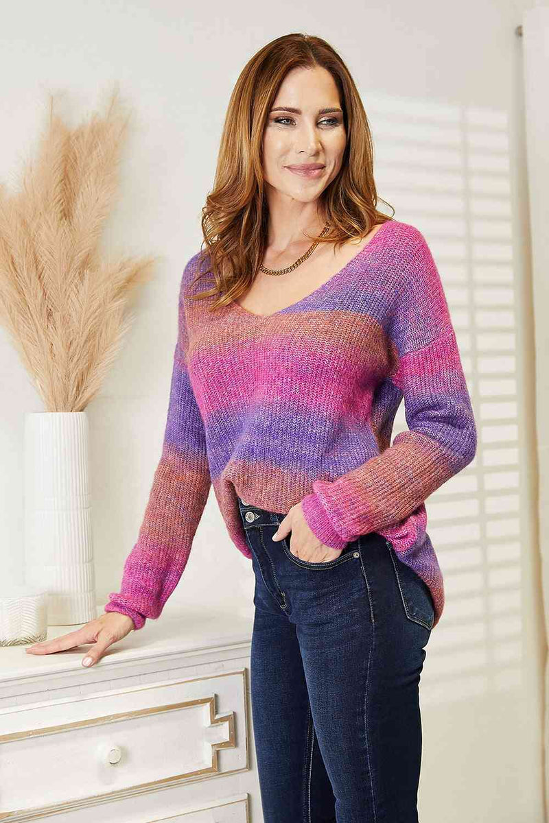 Double Take Multicolored Rib-Knit V-Neck Knit Pullover