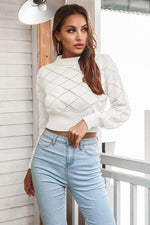 Openwork Plaid Round Neck Cropped Sweater