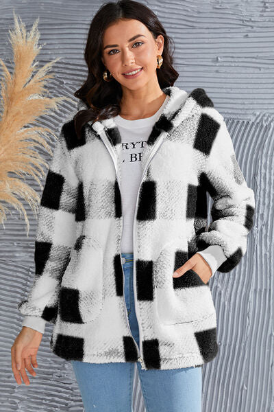 Double Take Full Size Plaid Long Sleeve Hooded Coat