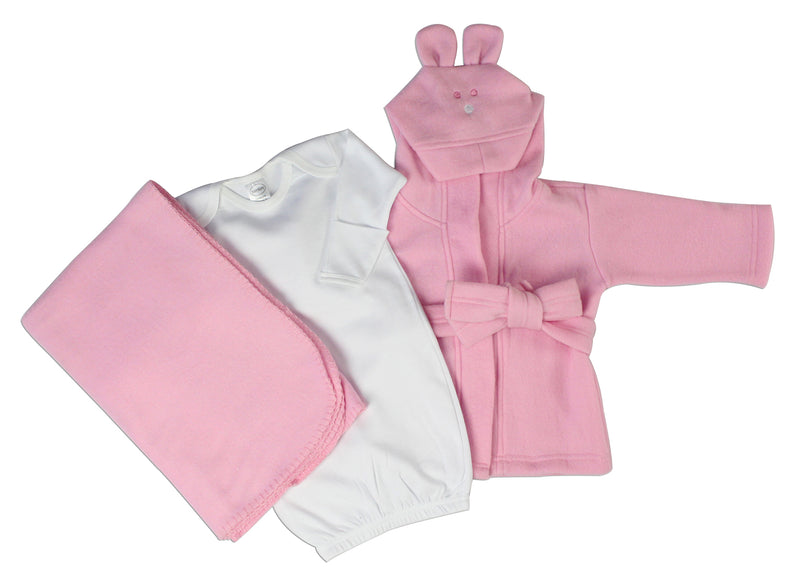 Bambini Newborn Baby Girls 3 Pc Layette Set (Gown, Robe, Fleece Blanket)
