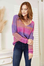 Double Take Multicolored Rib-Knit V-Neck Knit Pullover