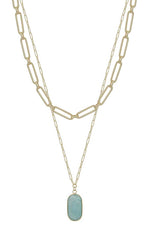 2 Layered Metal Chain Stone Pendant Necklace