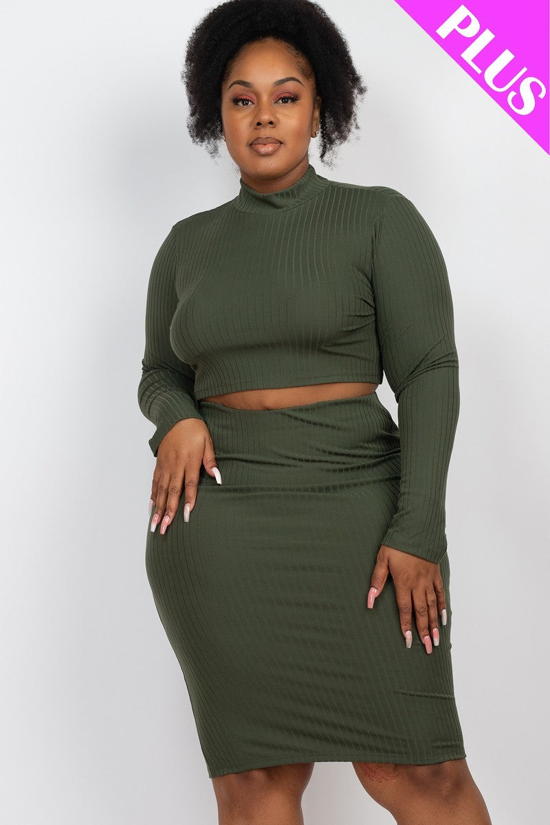 Plus Size Ribbed Mock Neck Crop Top & Midi Skirt Set