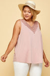 Plus Solid French Terry Slub Sleeveless Tank With Lace Neckline