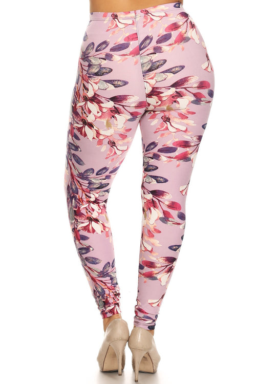 Plus Size Floral Print, Full Length Leggings In A Slim Fitting Style With A Banded High Waist