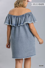 Off Shoulder Ruffled Denim Dress With Frayed Hem & Pockets