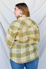 Plus Lime Cotton & Linen Blend Textured Plaid Shirt Top