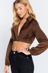 Long Sleeve Notched Collar Front Twisted Detail Crop Woven Top