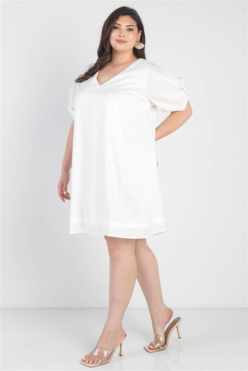 Plus White Bow Detail Short Sleeve V-neck Mini Dress