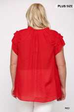 Triple Ruffle Sleeve V-neck Top With Front Tie