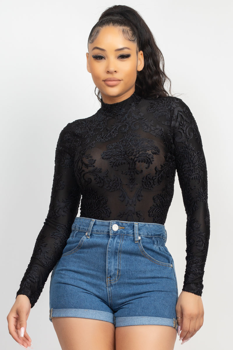 Embroidered Mock Neck Keyhole Bodysuit