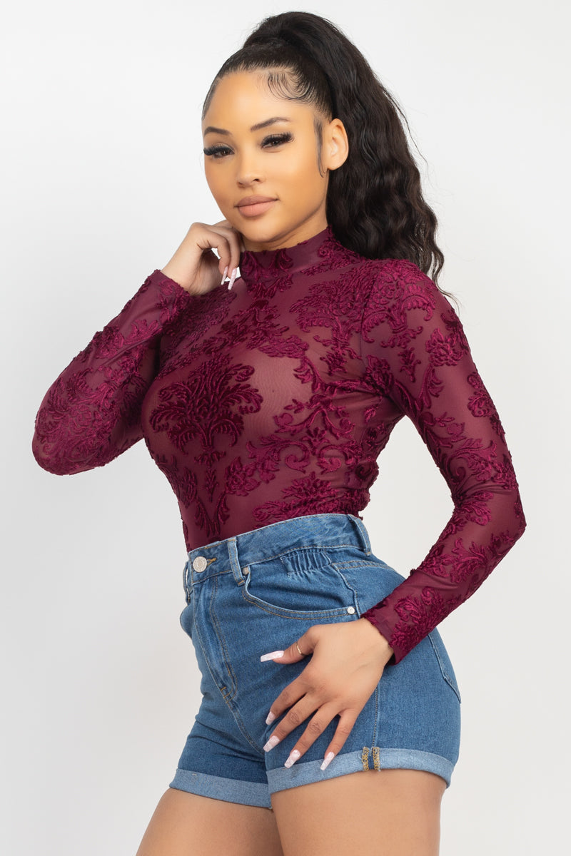 Embroidered Mock Neck Keyhole Bodysuit