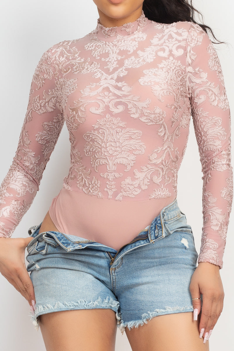 Embroidered Mock Neck Keyhole Bodysuit