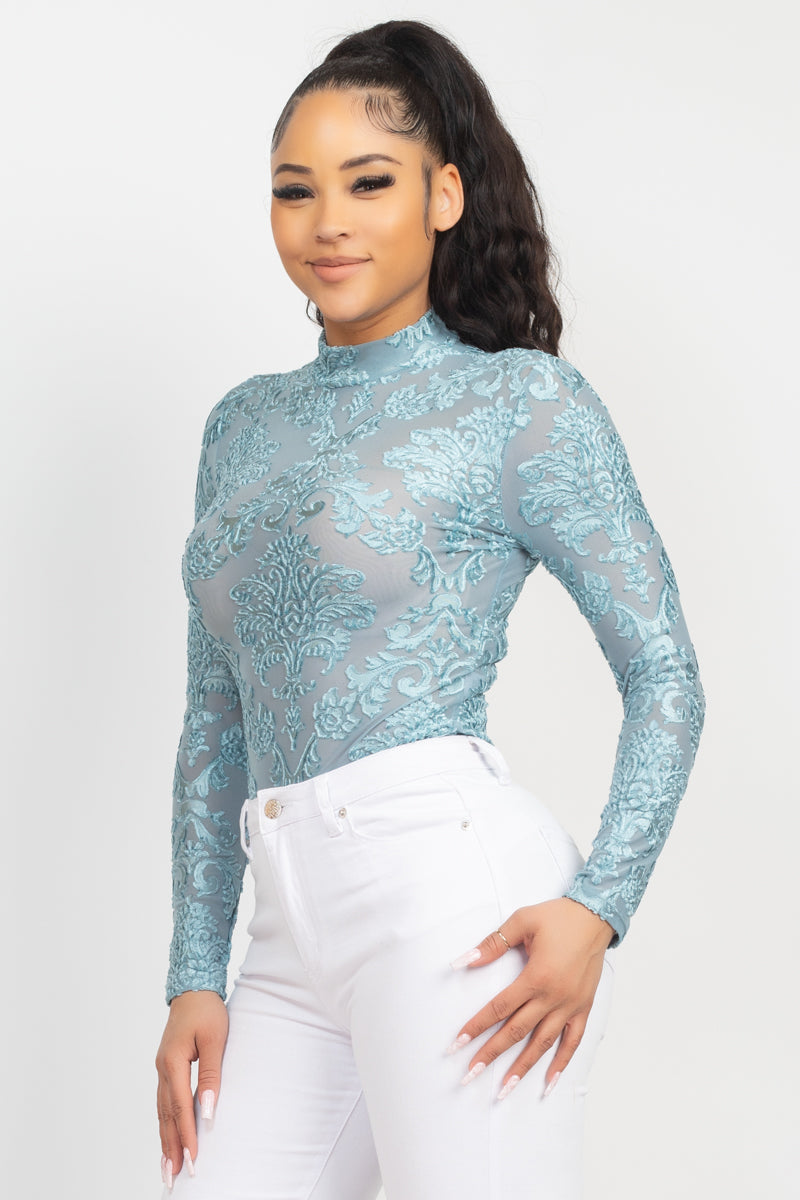 Embroidered Mock Neck Keyhole Bodysuit