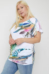 Flutter Sleeve Top Featuring A Multicolored Feather