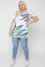 Flutter Sleeve Top Featuring A Multicolored Feather
