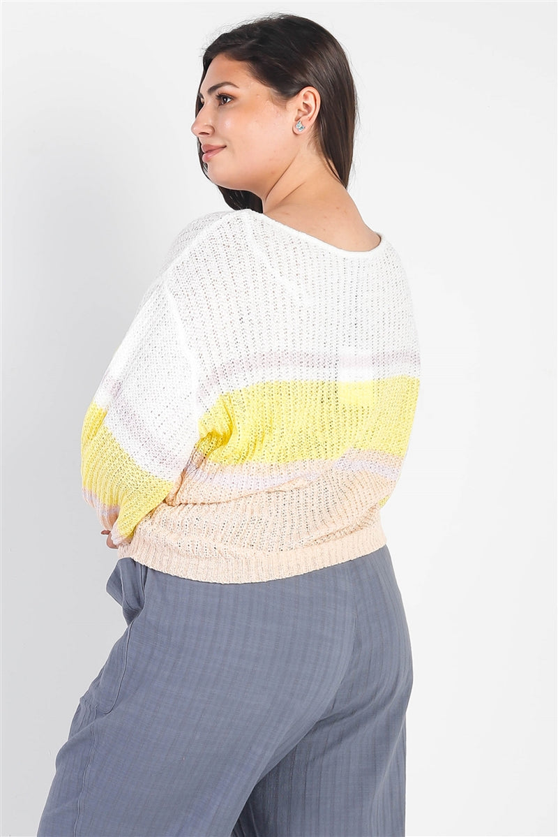 Plus White & Lemon Knit Stripe Long Sleeve Top