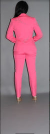 2 Piece Powersuit Blazer & Pants Set With Rhinestone Letterings On Blazer