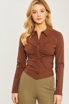 Woven Solid Ruched Front Long Sleeve