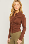 Woven Solid Ruched Front Long Sleeve