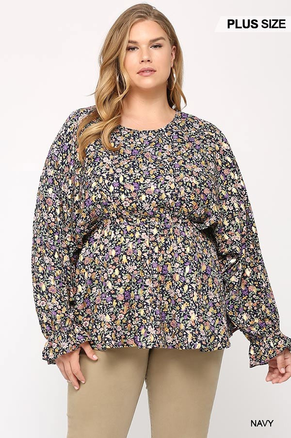 Floral And Gold Foil Woven Top With Elastic Waist And Peplum Hem