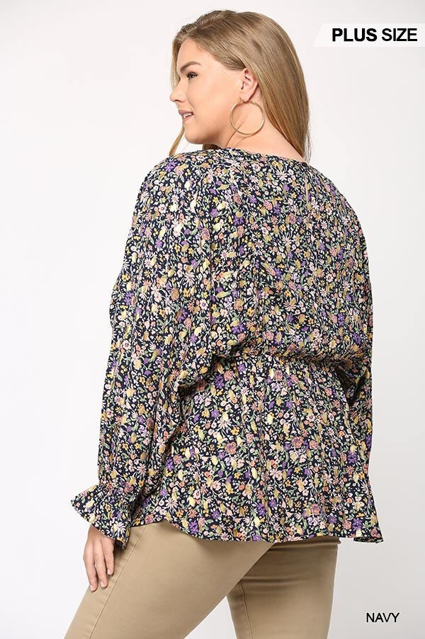 Floral And Gold Foil Woven Top With Elastic Waist And Peplum Hem