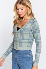 Long Sleeve V-neck Fitted Button Down Plaid Sweater Cardigan