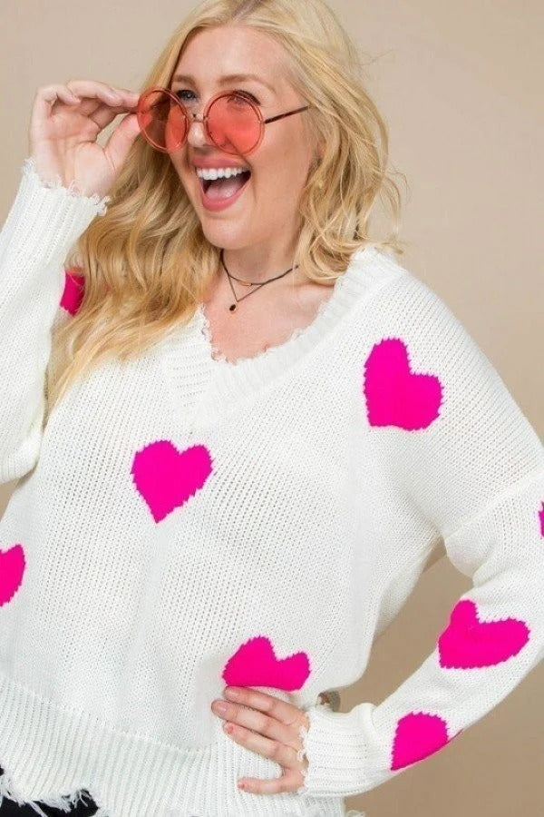 Neon Fuchsia Heart Print Distressed V Neck Long Sleeve Sweater