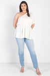 Plus Cream Textured One Shoulder Elasticized Waist Flare Hem Top