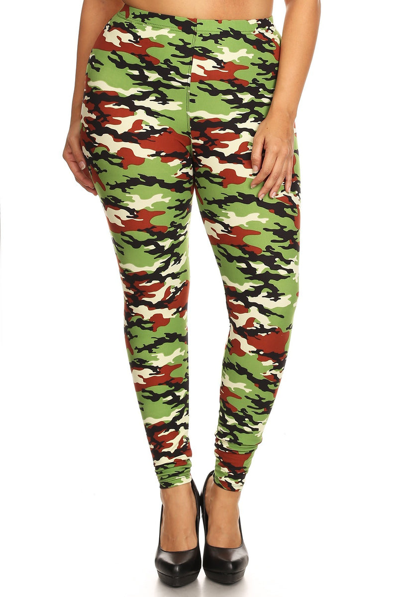 Plus Size Camo Print, Full Length Leggings In A Slim Fitting Style With A Banded High Waist