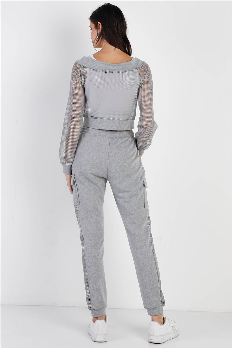 Heather Grey Contrast Fishnet Zip-up Top & Pants Set