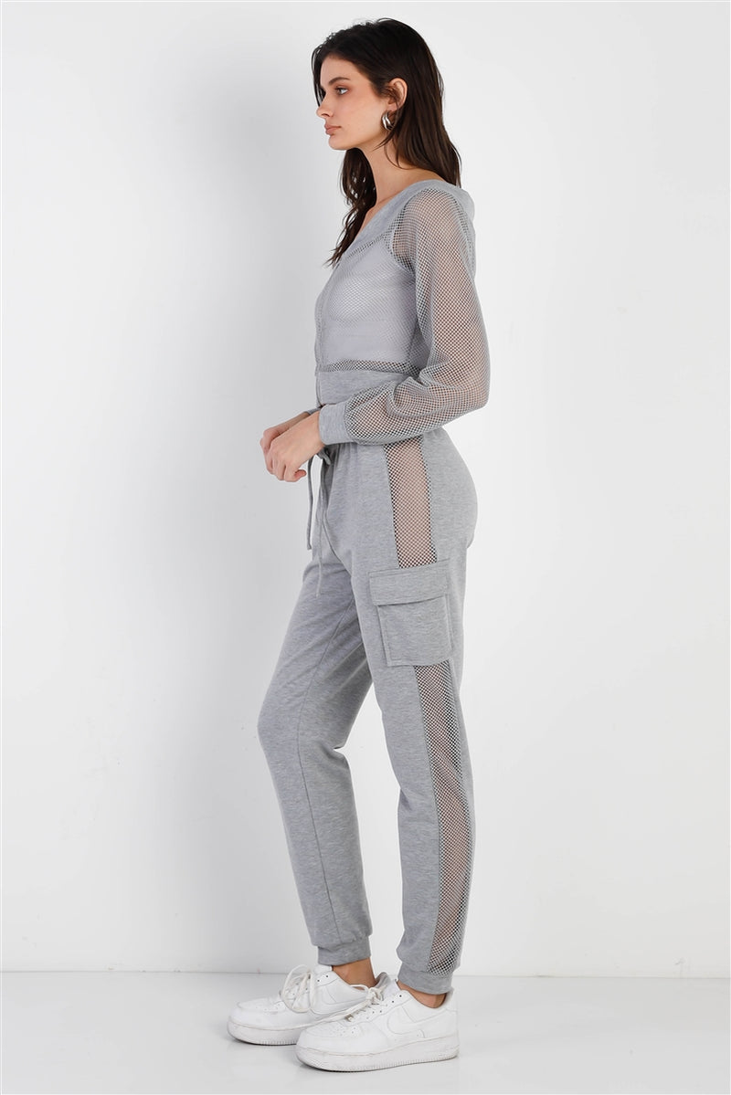 Heather Grey Contrast Fishnet Zip-up Top & Pants Set