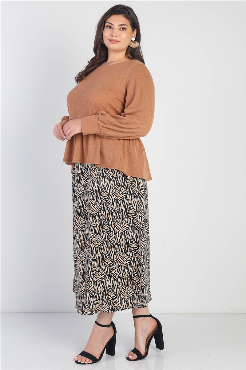 Plus Caramel Waffle Knit Back Button Detail Long Sleeve Top