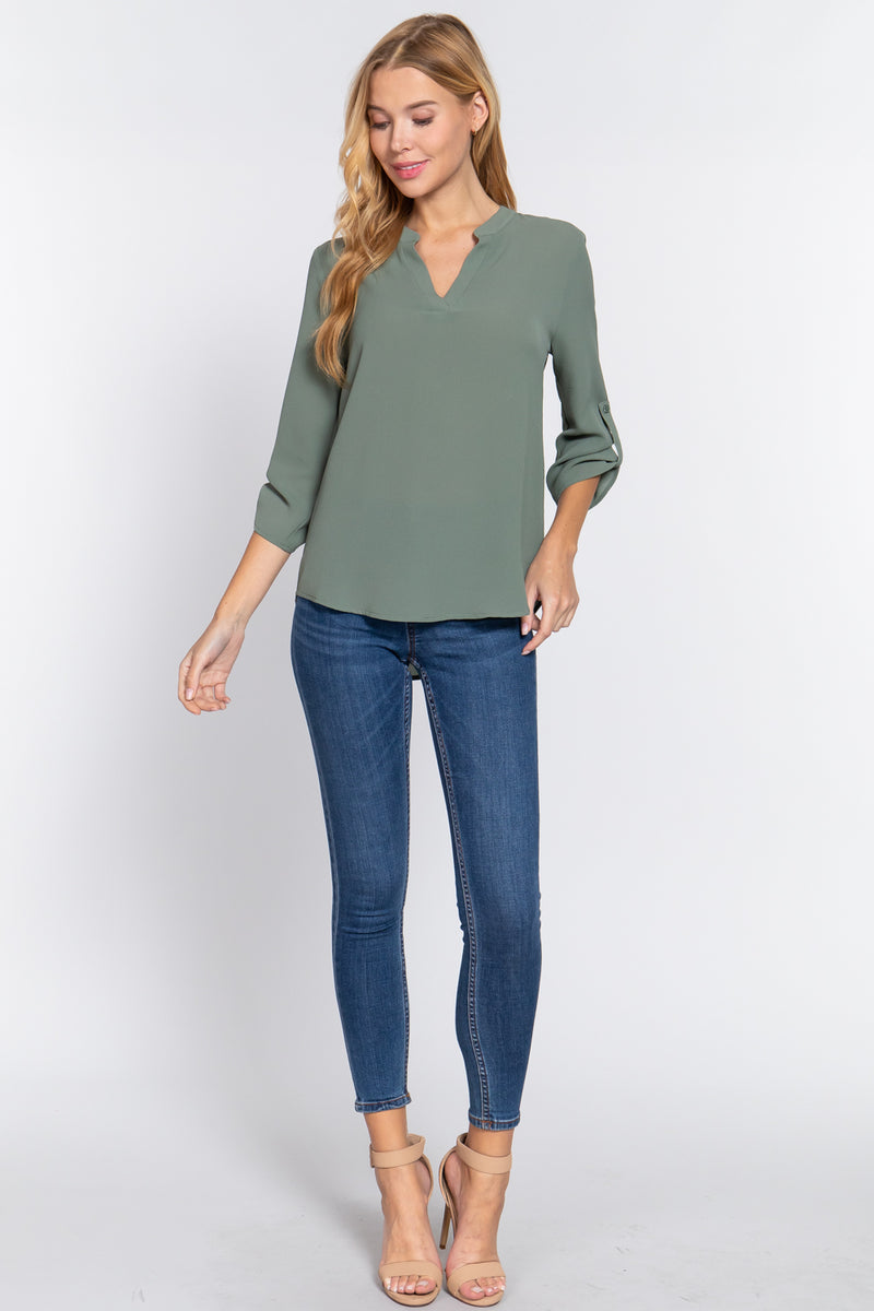 3/4 Roll Up Slv Woven Blouse