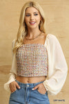 Tweed Bodice And Chiffon Square Top With Back Zipper