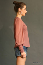 Solid Knit And Chiffon Mixed Top With Puff Long Sleeve