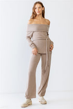 Mocha Ribbed Soft To Touch Off-the-shoulder Belted Top & Two Pocket High Waist Pants Set