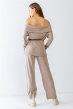 Mocha Ribbed Soft To Touch Off-the-shoulder Belted Top & Two Pocket High Waist Pants Set