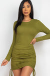 Ribbed long sleeve drawstring bodycon dress