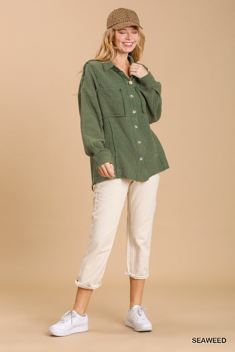 Mineral wash button down top with high low hem