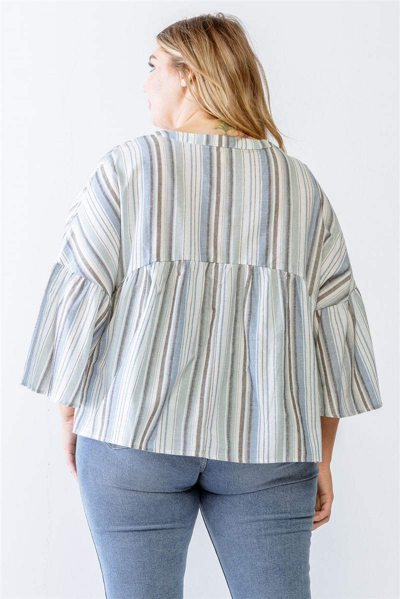 Plus Light Blue Stripe Print Cotton Button-up Flare Hem Top