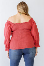 Plus Cotton Embroidery Off-the-shoulder Smocked Back Top