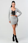 2 Piece Set With Cropped Long Sleeve Shirt With Pu Leather Detail Matching Mini Skirt