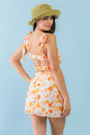 Ivory & Orange Floral Print Textured Square Neck Strappy Open Back Crop Top & High Waist Mini Skirt Set
