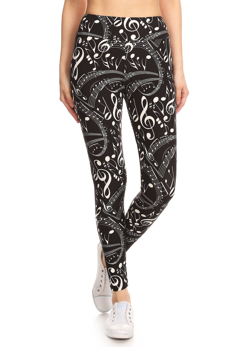 Yoga Style Banded Lined Music Note Print, Full Length Leggings In A Slim Fitting Style With A Banded High Waist
