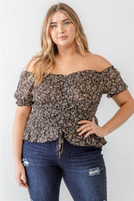 Plus Floral Chiffon Ruched Smocked Off-the-shoulder Top