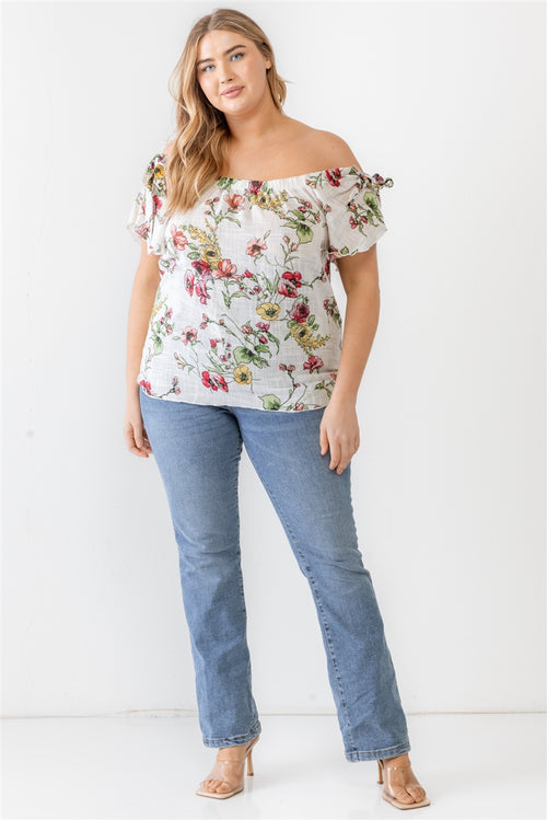 Plus Ivory Floral Print Woven Linen Blend Off-the-shoulder Relax Top