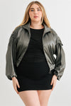 Plus Satin Zip-up Ruched Long Sleeve Cropped Bomber Jacket